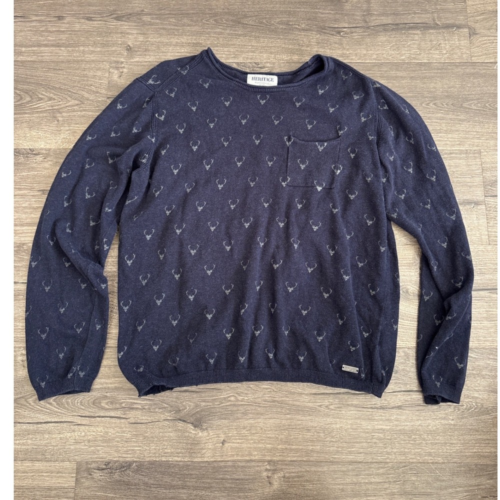 Vintage Heritage Report Collection Men's Blue Reindeer Head Print Sweater‎ XL